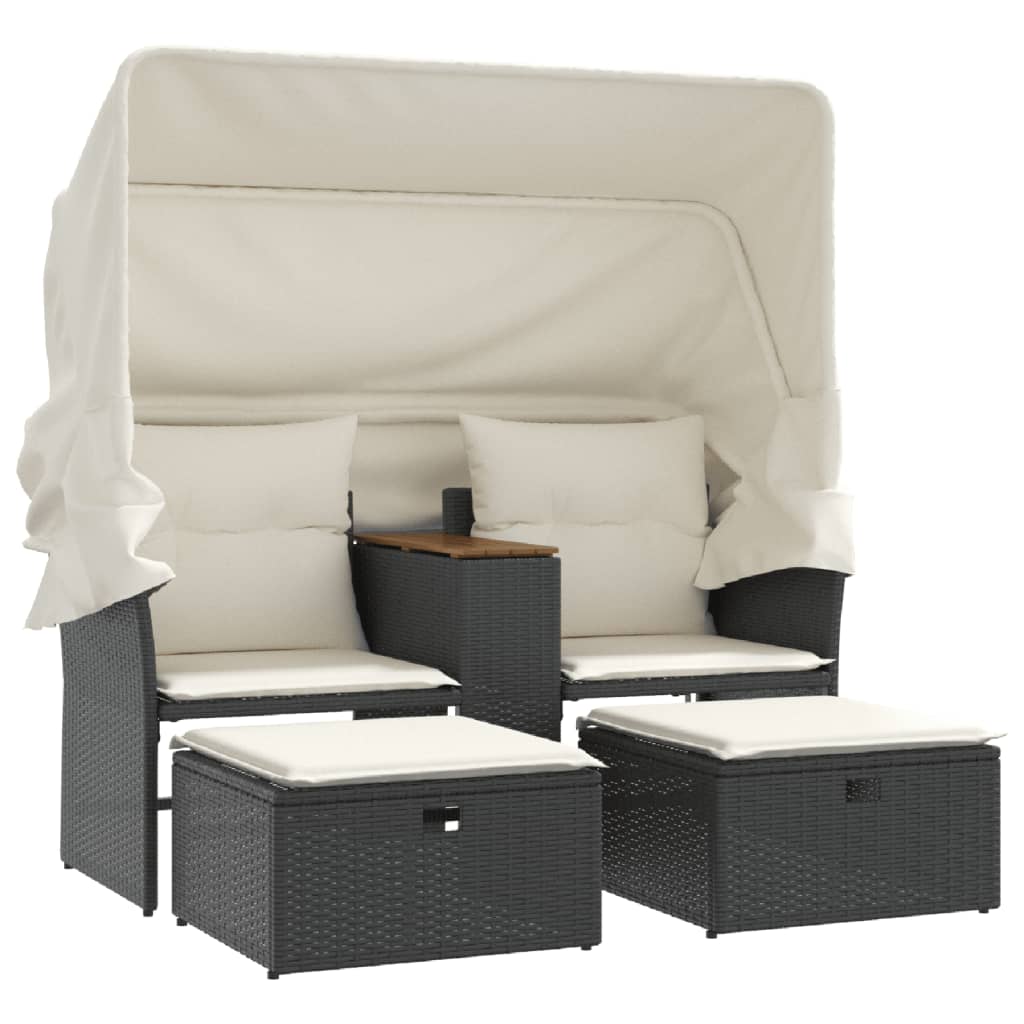 Gartensofa 2-Sitzer mit Dach und Hockern Schwarz Poly Rattan – Bild 2
