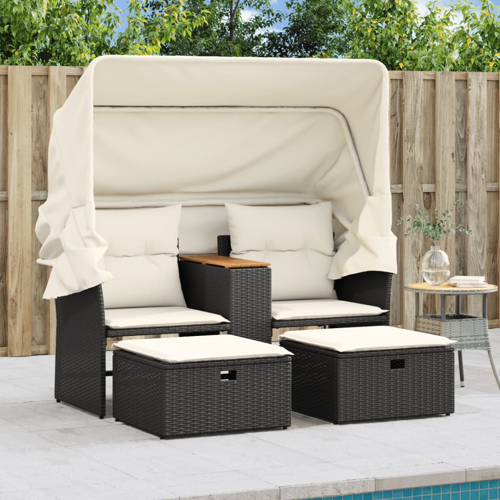Gartensofa 2-Sitzer mit Dach und Hockern Schwarz Poly Rattan – Bild 3