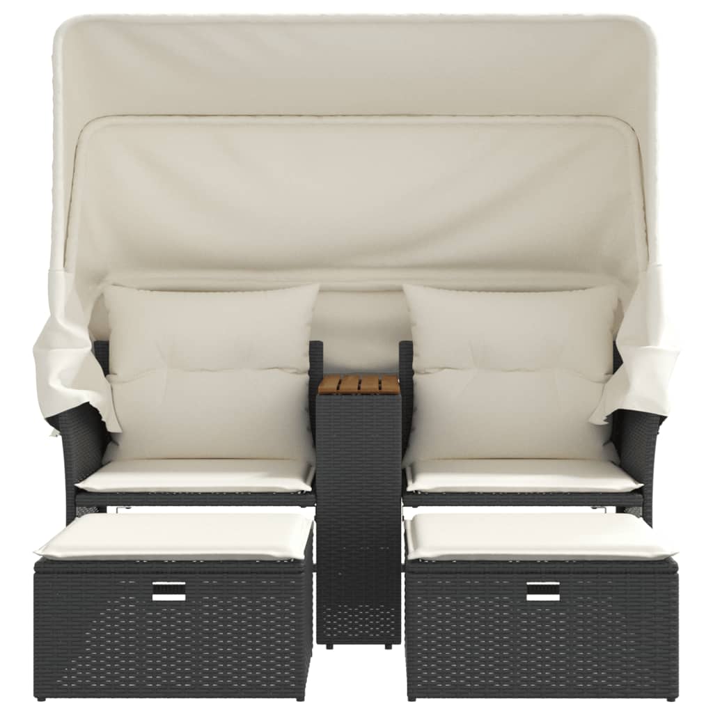 Gartensofa 2-Sitzer mit Dach und Hockern Schwarz Poly Rattan – Bild 4