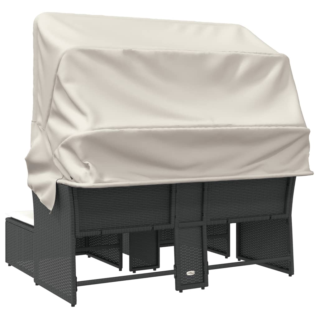 Gartensofa 2-Sitzer mit Dach und Hockern Schwarz Poly Rattan – Bild 6