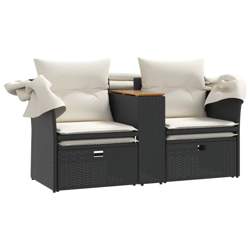 Gartensofa 2-Sitzer mit Dach und Hockern Schwarz Poly Rattan – Bild 8