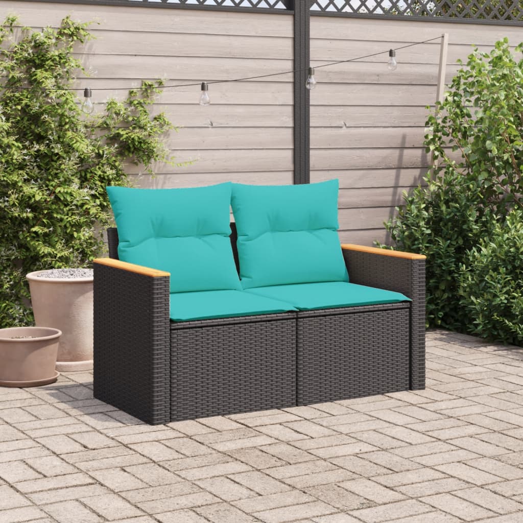 Gartensofa mit Kissen 2-Sitzer Schwarz Poly Rattan – Bild 3
