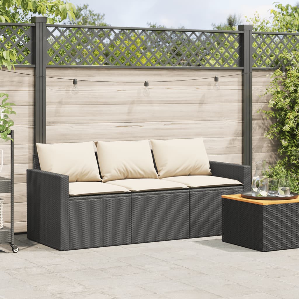 Gartensofa mit Kissen 3-Sitzer Schwarz Poly Rattan – Bild 3