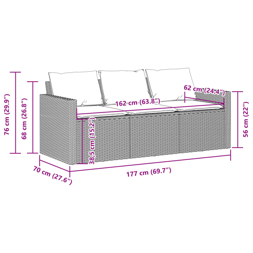 Gartensofa mit Kissen 3-Sitzer Schwarz Poly Rattan – Bild 8