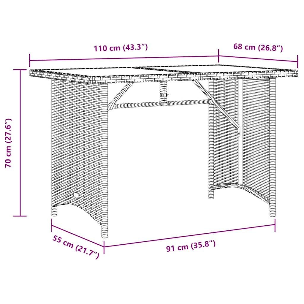 Gartentisch mit Glasplatte Schwarz 110x68x70 cm Poly Rattan – Bild 9