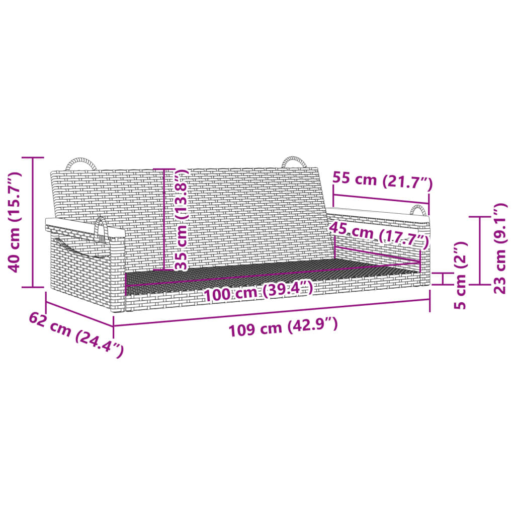 Hängebank Schwarz 109x62x40 cm Poly Rattan – Bild 9