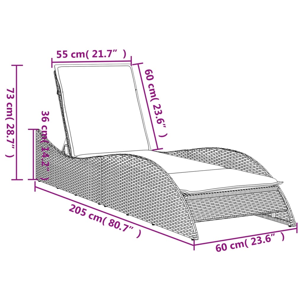 Sonnenliege mit Auflage Schwarz 60x205x73 cm Poly Rattan – Bild 9