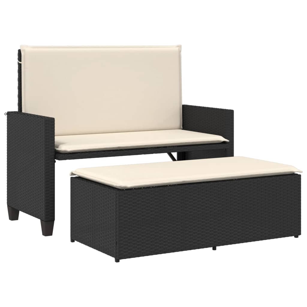 Gartenbank mit Kissen und Hocker Schwarz Poly Rattan – Bild 2