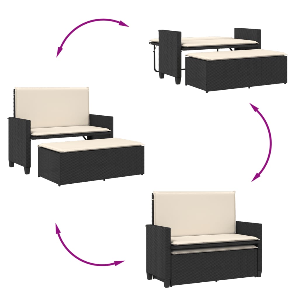 Gartenbank mit Kissen und Hocker Schwarz Poly Rattan – Bild 8