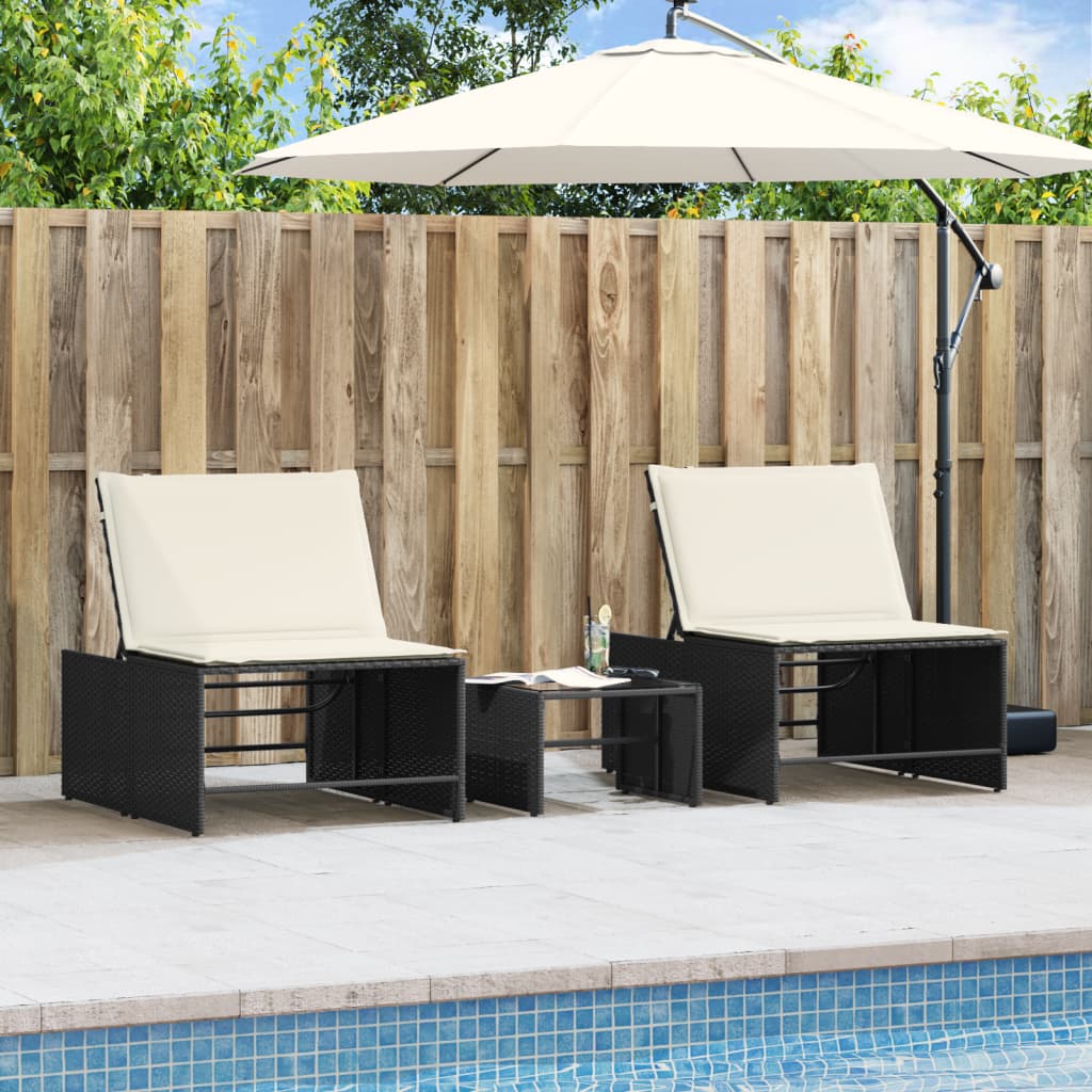 Modulare Sonnenliegen 2 Stk. mit Tisch Schwarz Poly Rattan – Bild 4