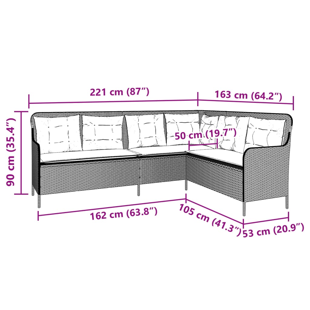Gartensofa in L-Form mit Kissen Schwarz Poly Rattan – Bild 8