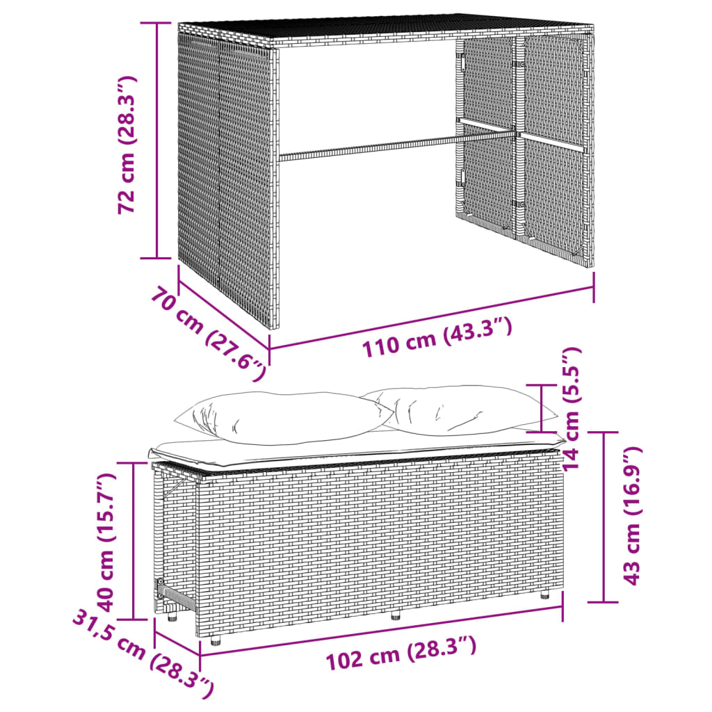 3-tlg. Garten-Essgruppe mit Kissen Schwarz Poly Rattan – Bild 11