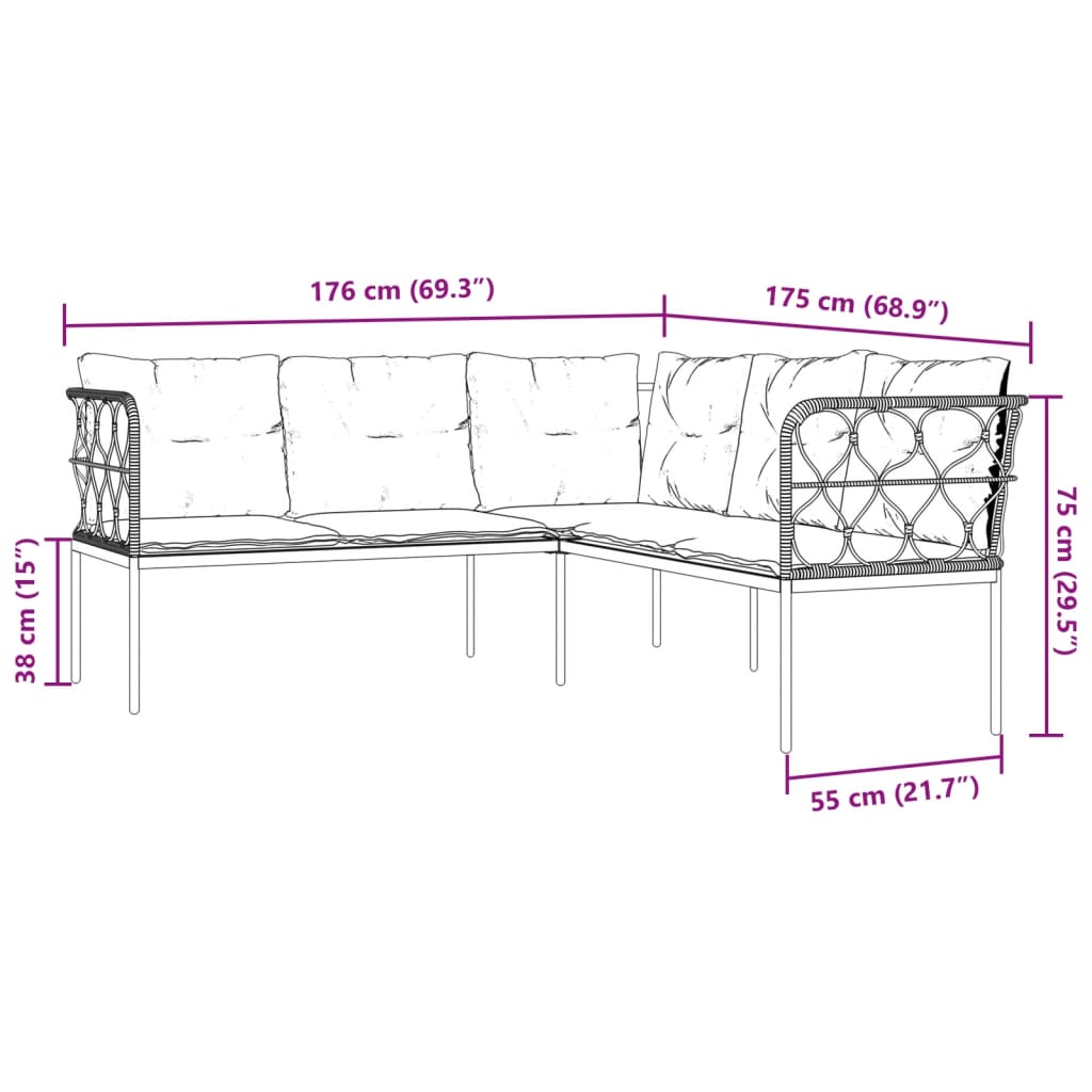Gartensofa in L-Form mit Kissen Schwarz Stahl und Textilene – Bild 9
