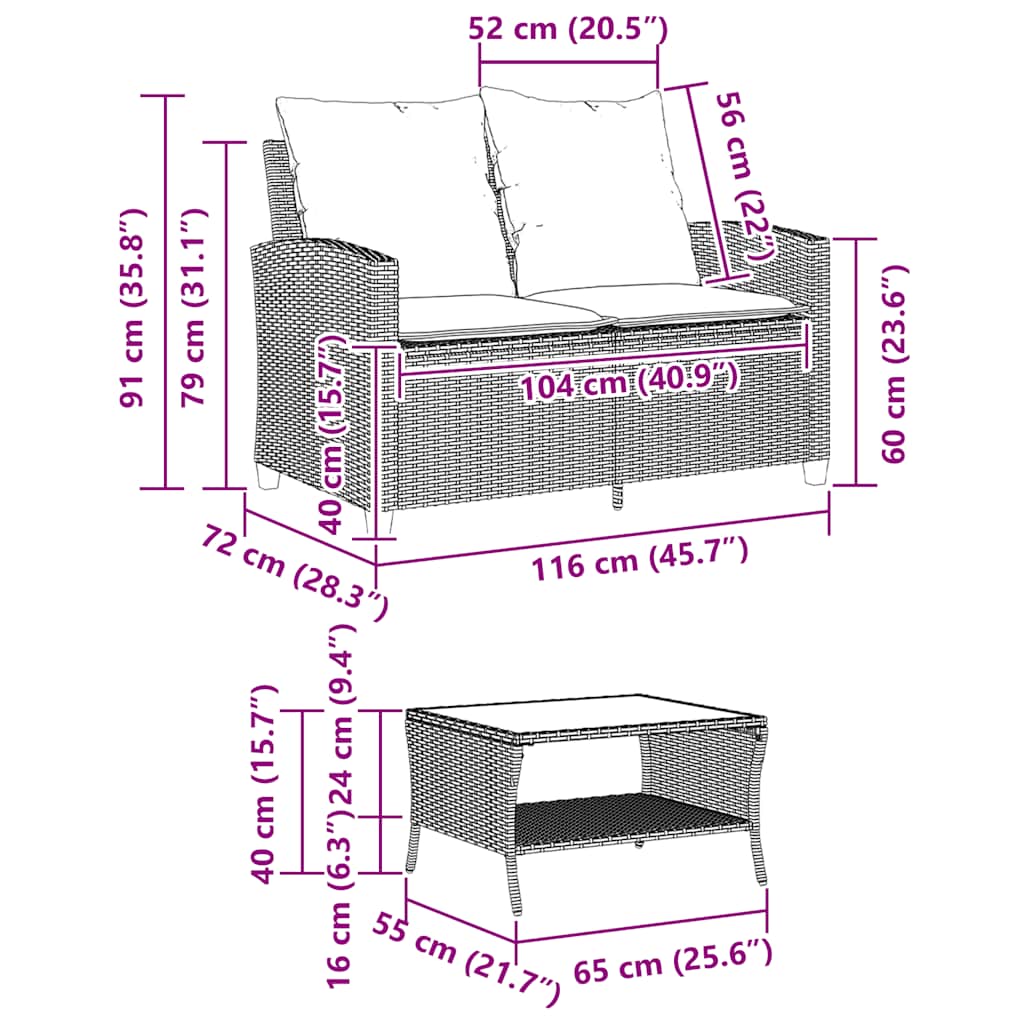 Gartensofa 2-Sitzer mit Kissen & Tisch Schwarz Poly Rattan – Bild 11