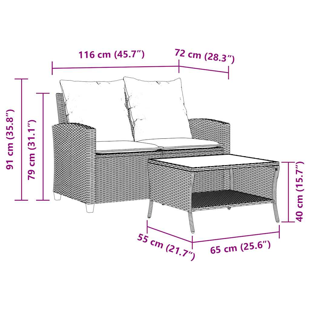 Gartensofa 2-Sitzer mit Kissen & Tisch Schwarz Poly Rattan – Bild 12
