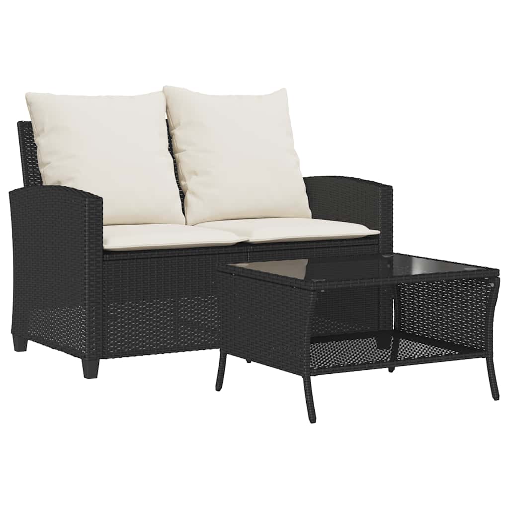 Gartensofa 2-Sitzer mit Kissen & Tisch Schwarz Poly Rattan – Bild 2