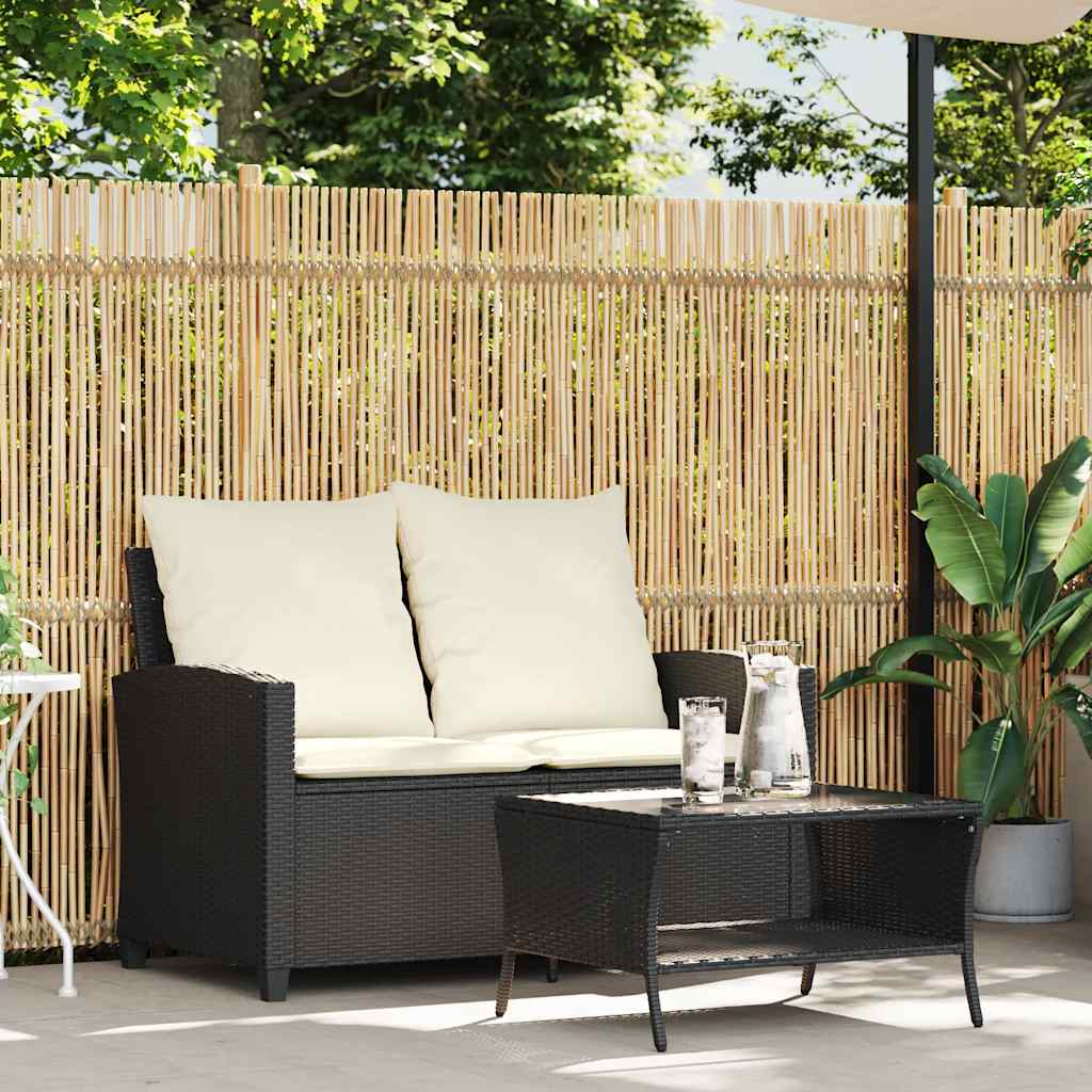 Gartensofa 2-Sitzer mit Kissen & Tisch Schwarz Poly Rattan – Bild 3