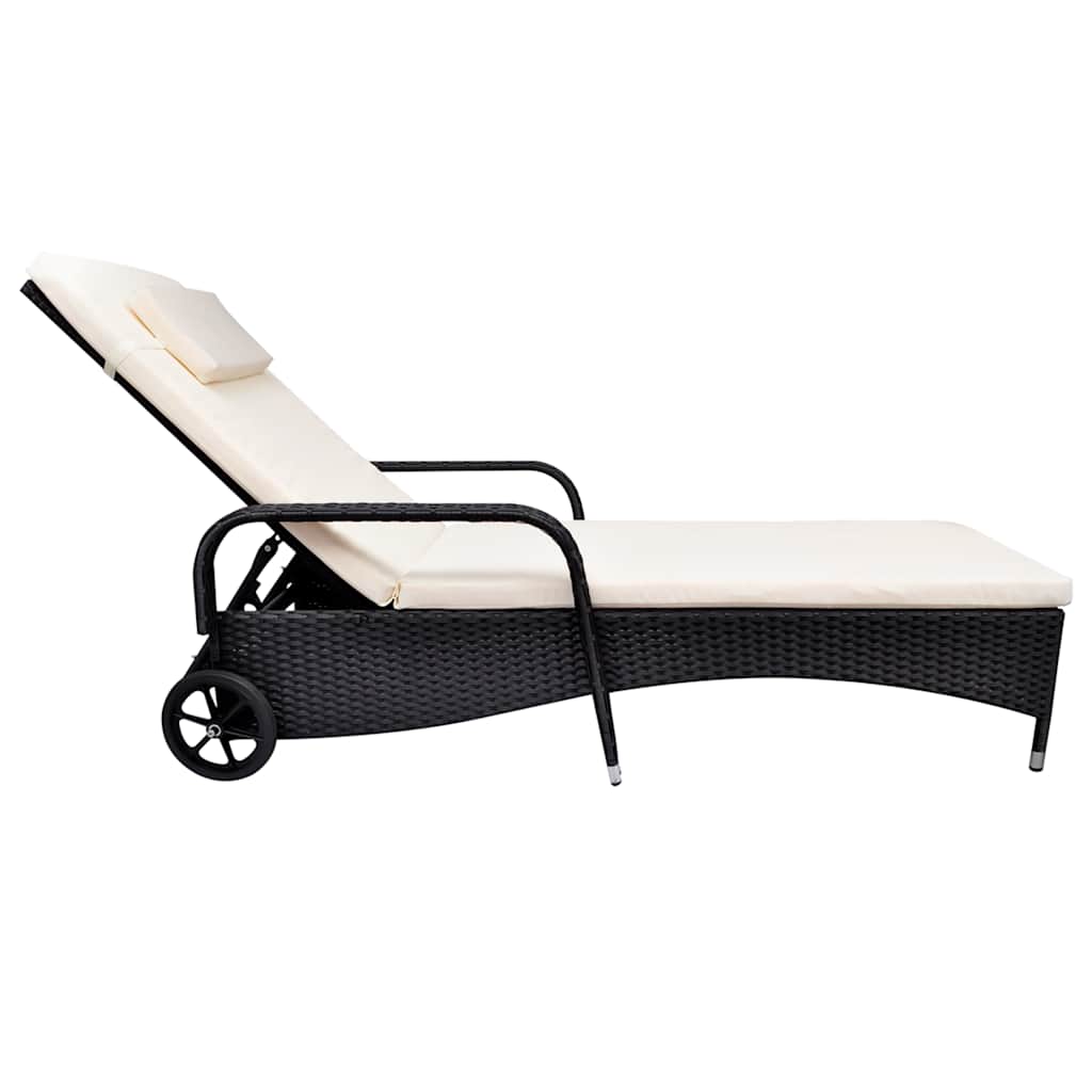 Sonnenliege mit Polster & Rollen Poly Rattan Schwarz – Bild 2