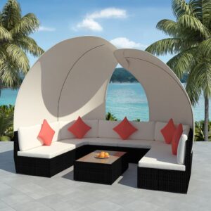 9-tlg. Garten-Lounge-Set mit Sonnendächern Poly Rattan Schwarz